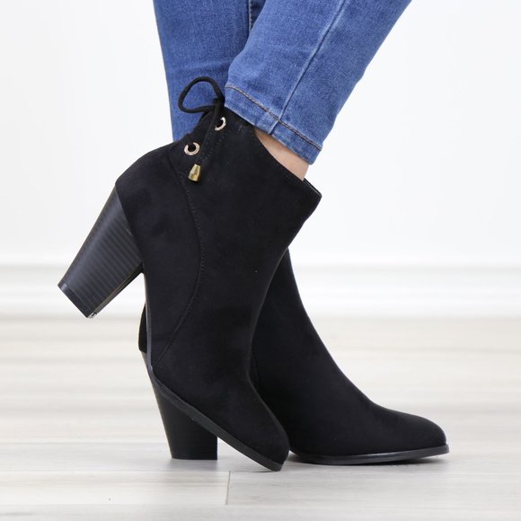 Black Pointed Toe Low Heel Ankle Boots Back Laces Booties Faux Suede - Picture 10 of 15